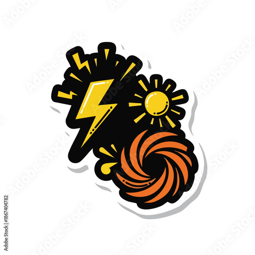 Sticker with renewable energy icons: sun for solar, lightning for electricity, and a swirl for wind. Sustainable clean power sources.