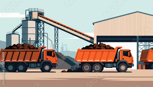 Orange dump trucks loaded with dark material at an industrial site
