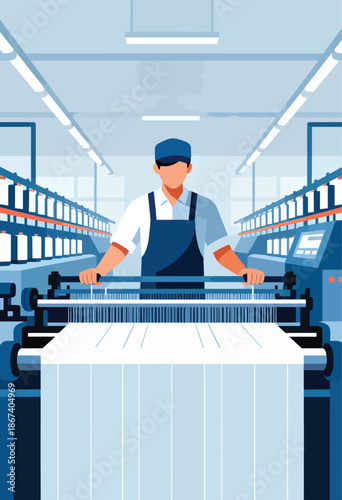 Factory worker operating a large textile machine with spools of thread