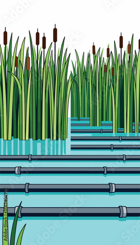 Tall green reeds and brown cattails line a bright blue body of water with grey pipes running through it