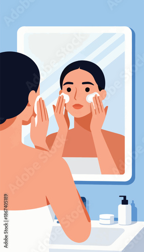 Woman in bathroom applying skincare with cotton pads while looking in mirror