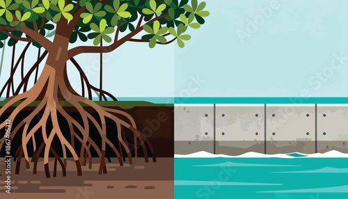 Natural mangrove roots contrast with man-made concrete seawall