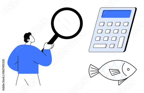 Science, education, analysis, economy, problem-solving, fisheries. Person holding a magnifying glass next to a calculator and fish. Analysis and education with creative imagery