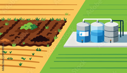 Contrast between organic farming and industrial agriculture with storage tanks