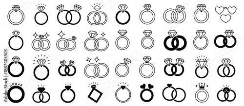 Wedding Engagement Rings Vector Set, Diamond-Studded Designs Symbolizing Love and Commitment, from Classic Solitaires to Detailed, Intricate Ring Patterns.