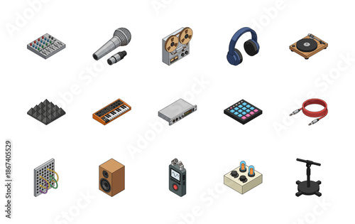 Audio studio isometric 3d icon set. Flat vector music symbols isolated