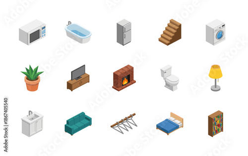 Interior furniture isometric 3d icon set. Flat vector symbols isolated.