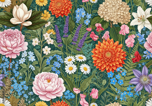 Floral wallpaper illustration with different kinds of flowers 