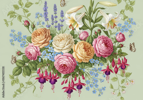 Floral wallpaper illustration with different kinds of flowers 