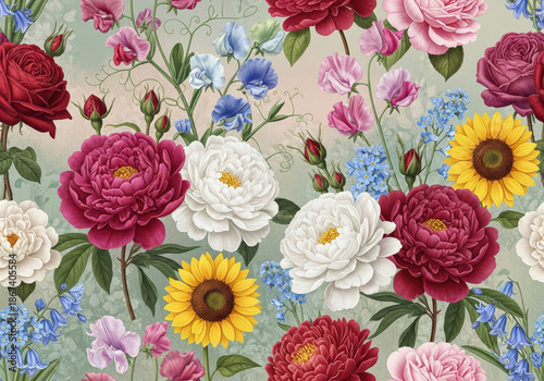 Floral wallpaper illustration with different kinds of flowers 