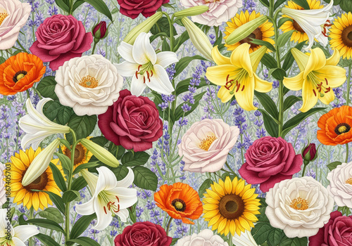Floral wallpaper illustration with different kinds of flowers 