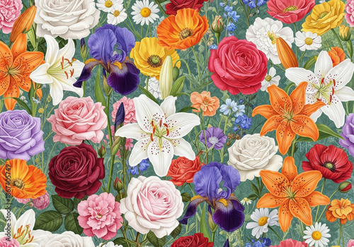 Floral wallpaper illustration with different kinds of flowers 