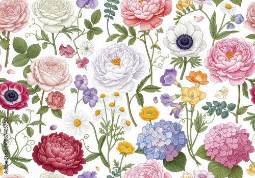 Floral wallpaper illustration with different kinds of flowers 