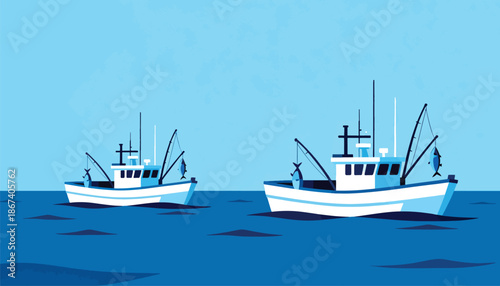 Two fishing boats with catches sail on blue ocean waves under a clear sky