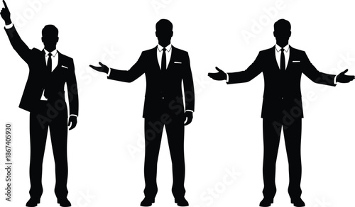 Businessman silhouettes set showing pointing, presenting and welcoming gestures, professional corporate leadership communication concept isolated black vector illustration