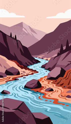 Stylized river flows through a mountainous valley with soft clouds above