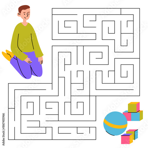 Maze game for kids. Cute line child looking for a way to the toys, ball and cubes. Printable worksheet with solution for school and preschool. Vector cartoon illustration.