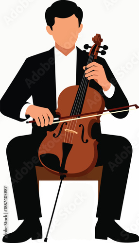 Man in formal attire plays a cello with a bow, seated