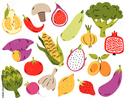 Hand drawn stickers vegetables and fruits. Modern abstract minimal style. Healthy organic food. Uglifruit, broccoli, artichoke, zucchini, eggplant, , dragonfruit, yam, figs. Vector flat illustration.