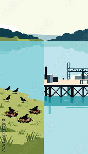 Natural nests contrast with industrial structures over water