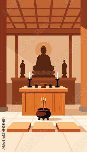 Serene Buddhist altar with statue, candles, incense, and meditation cushions