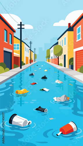 A suburban street flooded with debris, including bottles, bags, and wrappers