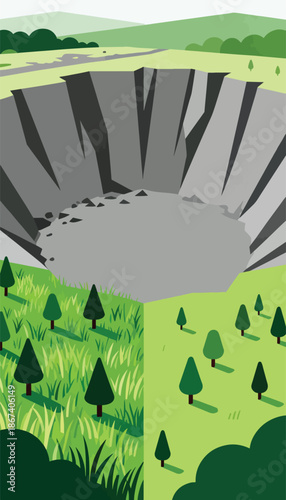 Vast gray crater scarred into a lush green landscape with scattered trees