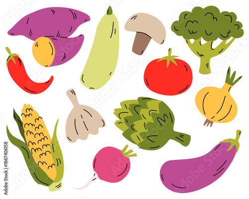 Hand drawn colorful vegetables. Modern abstract minimal style. Healthy organic food. Tomato, onion, zucchini, eggplant, yam, broccoli, corn, artichoke, radish. Vector flat illustration.