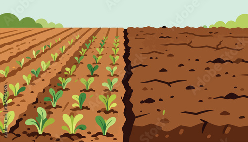 A split field shows rows of young green plants next to barren, cracked earth