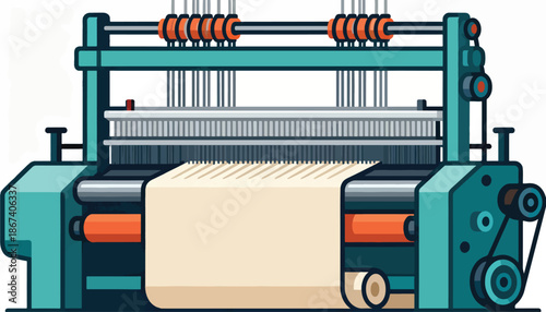 Industrial loom producing fabric, with spools of thread and rollers