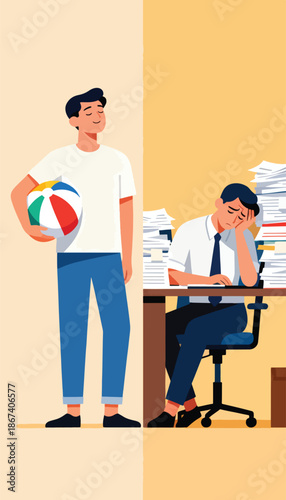 Man holding ball contrasts with stressed man at cluttered desk