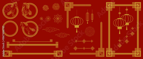 Photography Decorative isolated Chinese New Year elements: frame, decorative lines, corners, lanterns, clouds and coins depicting horses on a red background