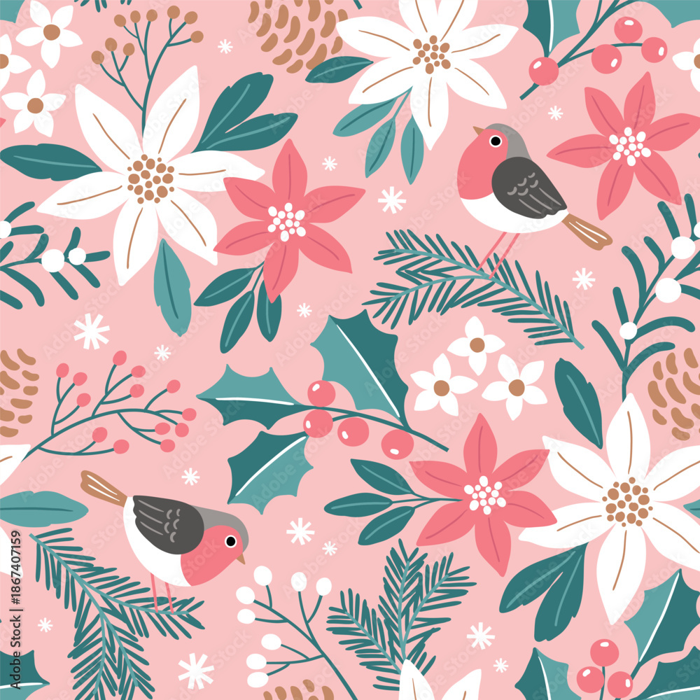 Obraz premium Seamless vector pattern with cute robin on winter floral background. Hand drawn Christmas foliage with poinsettia, berry and pine branch. Perfect for textile, wallpaper or nursery print design.