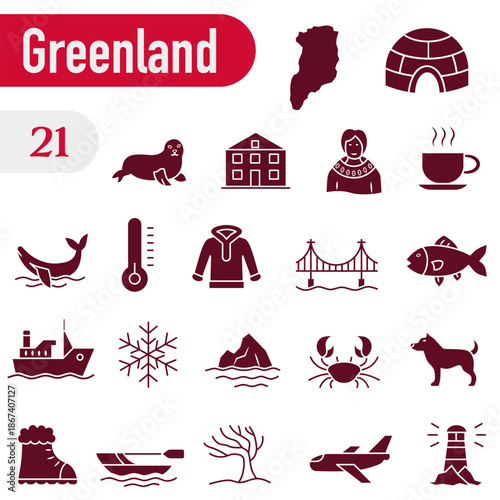 Icons about Greenlandic traditions, culture, and symbols. A set of solid icons about Greenland.