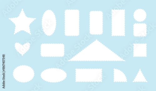 A set of blank white postage stamps. Geometric shapes with perforated edges on a blue background. A collection of postage stamps of various shapes. Vector. EPS 10.