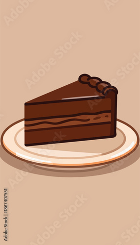 A delicious slice of layered chocolate cake sits on a creamy plate