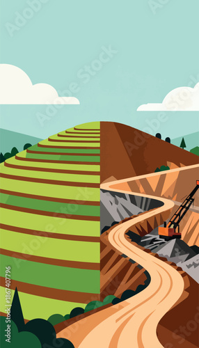 Lush green terraced fields transition into a stark, excavated quarry with heavy machinery