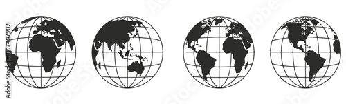 Earth Globe Icon Set, Earth Hemispheres with Continents, World Map in Globe Shape, Isolated on White Background, Vector Design for Global Representation.