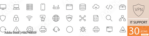Flat line vector IT support icon set showing technical assistance, help desk, and technology service concepts in clean minimal style. Perfect for software, business, and customer support design use