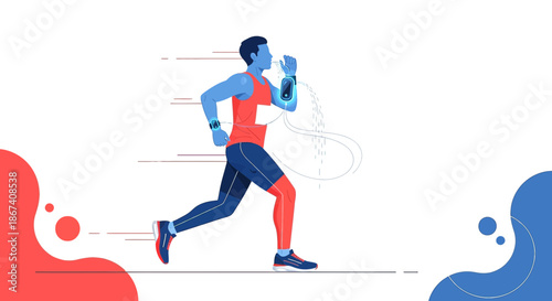 Modern runner with wearable technology in vector art illustration focused on movement and fitness