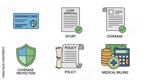 Insurance and Medical Billing Icons: Policy, Coverage, Claim Approval, Card