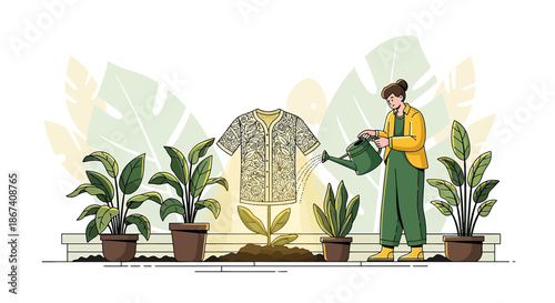 Nurturing sustainable fashion illustrated with a woman watering a shirt-plant concept