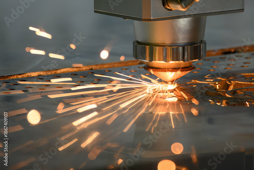 Close up scene the fiber laser cutting machine cut the metal plate control by CNC program.