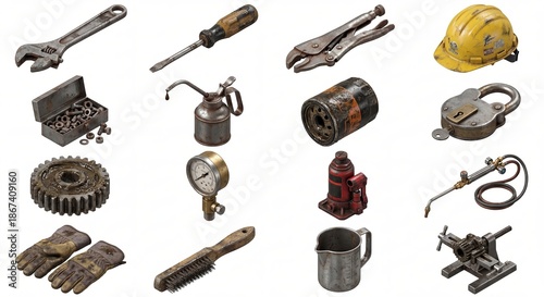 Collection of assorted rusty industrial tools and mechanical equipment used for repair maintenance or construction work