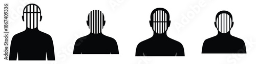 Mental Imprisonment Concept Icon Set – Human Head Silhouette with Jail Bars, Psychological Trap, Depression, Anxiety, and Emotion Captivity Symbol in Minimal Black Design
