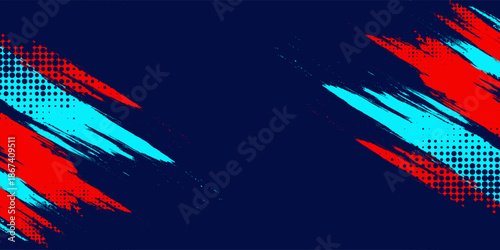 Dark blue abstract background featuring expressive red and cyan paint brush strokes with halftone dot textures and a street-style aesthetic