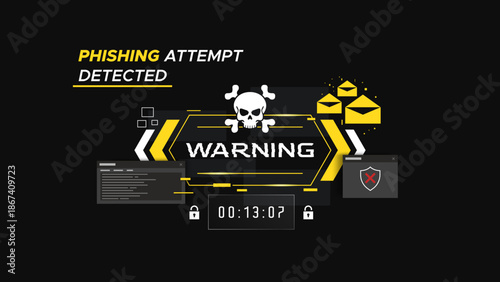 Cyber security warning interface showing phishing attempt detected. mail symbols, and countdown timer for data protection and hacking concept. Dashboard showing unauthorized phishing attempt alert.