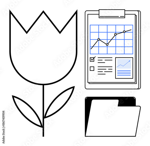 Nature, analytics, organization, business planning, data management, environmental concepts. A tulip flower, analytic chart on a clipboard and a folder. Nature and analytics merged