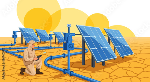 Technician inspecting a solar power installation with pipeline system in arid environment