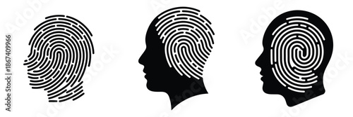 Human Head Fingerprint Icon Set – Identity, Biometrics, Technology, Security, Personal Data, and Digital Identification Concept in Modern Black Silhouette Design